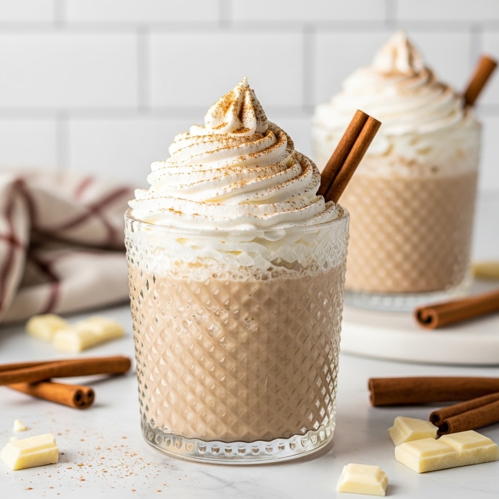 Two glass mugs filled with a light brown drink are topped with thick, swirled white whipped cream sprinkled with brown cinnamon powder. Each mug has a cinnamon stick resting on the whipped cream near the edge. Around the mugs are white bowls holding white chocolate blocks and cinnamon sticks, all set on a white marbled surface with a beige and white textured cloth nearby. photo taken with an iphone --ar 4:5 --v 7