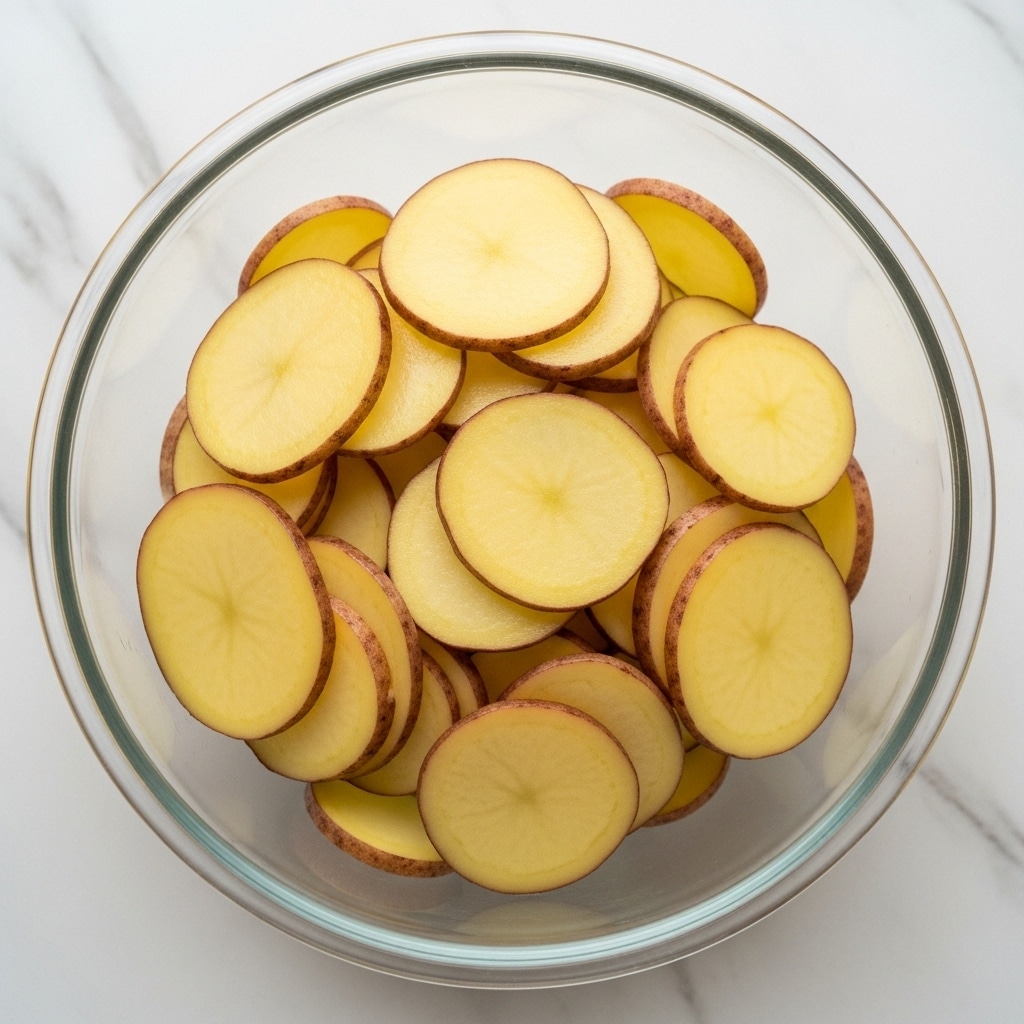 A clear glass bowl filled with thinly sliced potato rounds, layered unevenly, showing light yellow flesh with brown edges from the potato skin. The bowl is placed on a white marbled surface, allowing the pale yellow color of the potato slices to stand out clearly, with some slices overlapping each other inside the bowl, creating a simple natural look photo taken with an iphone --ar 4:5 --v 7