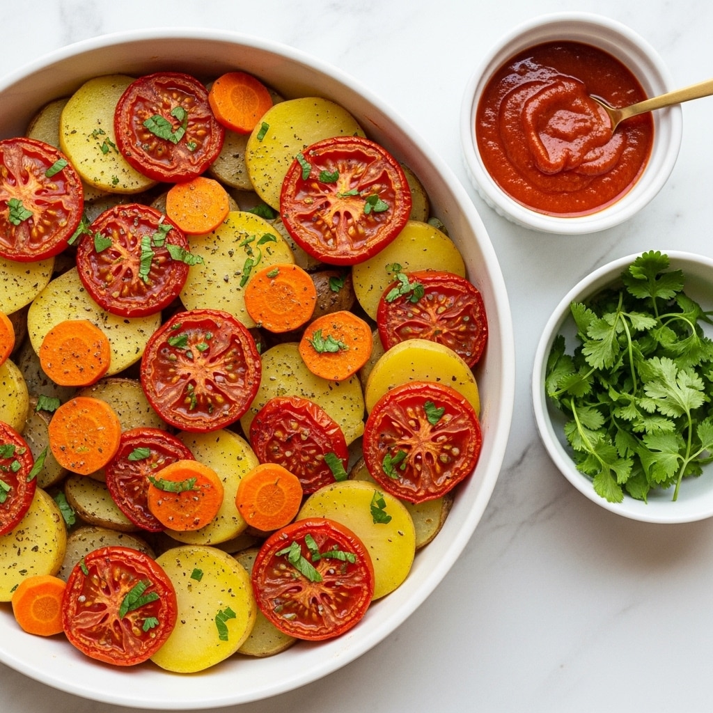 A round white bowl filled with a layered vegetable bake. The first layer at the bottom consists of yellow potato slices, followed by a layer of round red tomato slices scattered on top. There are light orange carrot slices spread evenly over the tomatoes and potatoes. The vegetables are seasoned with green chopped herbs sprinkled all over and some brown spices. Next to the bowl, on a white marbled surface, there is a small white dish filled with a thick red sauce and a gold spoon inside it, and another small white bowl with green leafy cilantro. Photo taken with an iphone --ar 4:5 --v 7