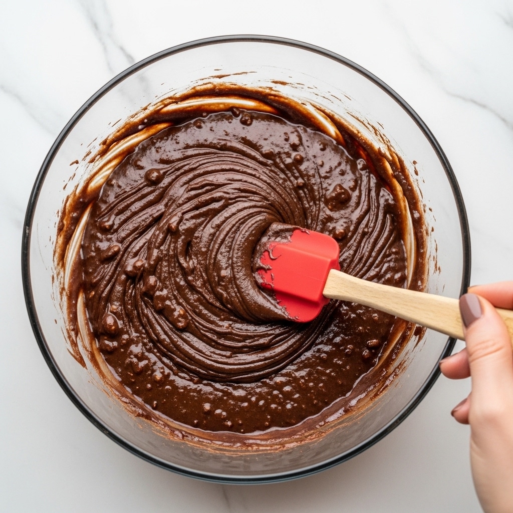 A clear glass bowl filled with thick, dark brown chocolate batter that has a slightly shiny and textured surface with visible chunks, likely nuts or chocolate pieces, mixed in. The batter fills about three-quarters of the bowl, and a red spatula with a wooden handle is partially submerged in the batter, held by a woman's hand on the right side. The bowl is placed on a white marbled surface. photo taken with an iphone --ar 4:5 --v 7