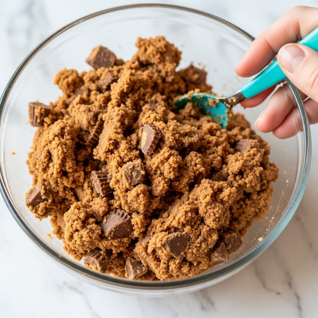 The image shows a close-up of a glass bowl filled with a mixture that looks like soft, crumbled brown dough with pieces of crushed peanut butter cups mixed in, giving it a textured and chunky surface. A turquoise spoon is partially visible on the right side, resting inside the bowl, with a woman's hand holding it lightly. The bowl is placed on a white marbled surface with soft lighting highlighting the varied shades of brown in the mixture. photo taken with an iphone --ar 4:5 --v 7