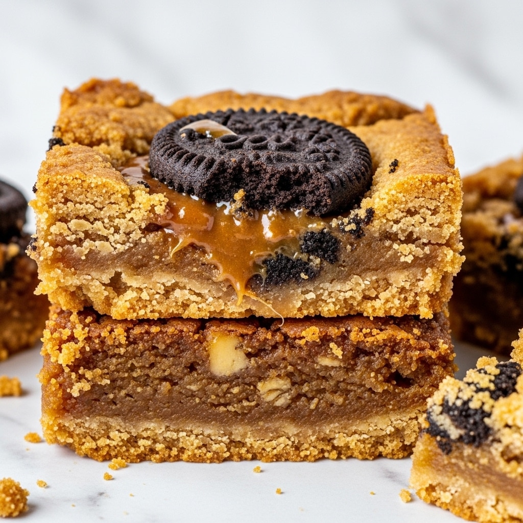 The image shows several thick, square pieces of cookie bars with rough, golden-brown crusts and soft, chewy centers. Each bar is topped with chunks of dark brown cookies that look slightly melted into the top layer, creating a shiny, smooth texture. Crumbs and broken cookie pieces are scattered around the bars on a white marbled surface. To the left, there is a small silver bowl filled with smooth, creamy peanut butter. A glass bottle filled with white milk is placed at the bottom left corner. The whole setup looks warm and inviting. Photo taken with an iphone --ar 4:5 --v 7