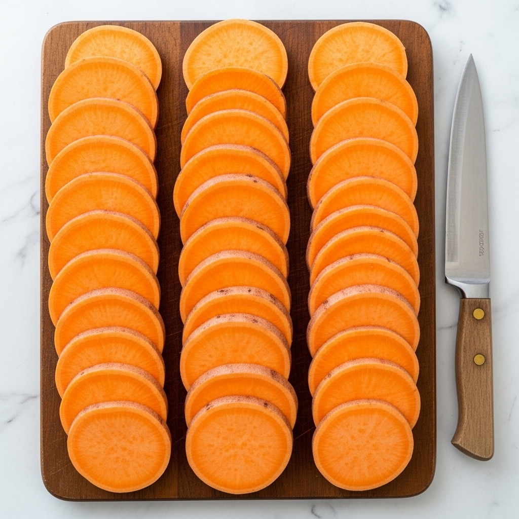 A wooden cutting board filled with three neat rows of bright orange sweet potato slices, each slice thick and showing a smooth texture with slightly uneven edges, placed closely together covering the whole surface of the board. The board sits on a white marbled surface. To the right of the board, there is a medium-sized knife with a wooden handle and metal blade resting flat. Photo taken with an iphone --ar 4:5 --v 7