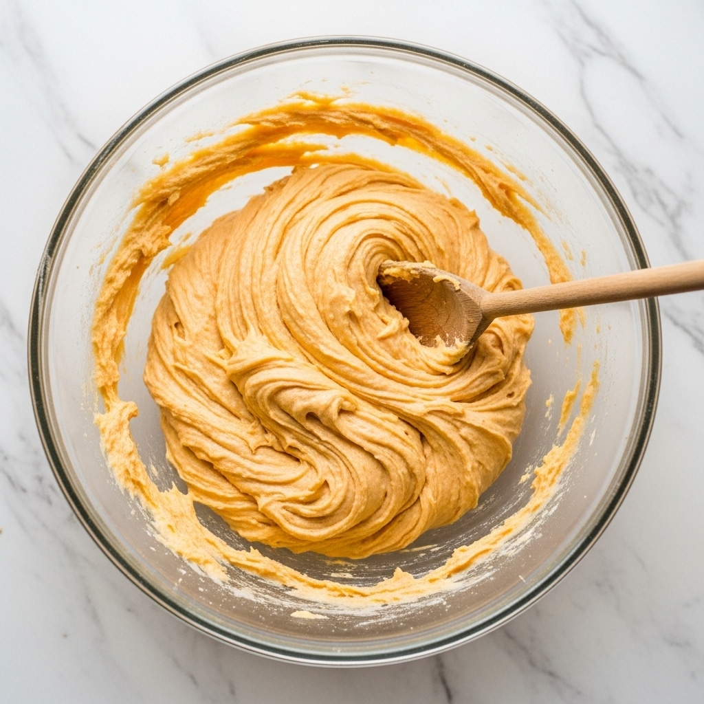 A clear glass bowl holds a smooth, light orange dough mixture that is being stirred with a wooden spoon. The dough forms soft swirls and thick folds in the center of the bowl, with some dough spread thinly along the sides. The bowl sits on a white marbled surface, and the wooden spoon rests inside the dough, angled slightly toward the right side of the image. photo taken with an iphone --ar 4:5 --v 7