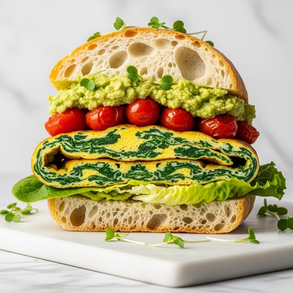 The image shows two sandwiches on a wooden board with three main layers inside a white ciabatta bread that has a dusting of flour on top. The bottom layer is bright green leafy lettuce, followed by a thick folded omelette mixed with green herbs or spinach, layered with red roasted tomatoes, and topped with a creamy green spread, likely avocado. Small green sprouts are scattered on top of the sandwich and around the board, all set on a white marbled surface. The arrangement creates a fresh, healthy, and colorful look. photo taken with an iphone --ar 4:5 --v 7
