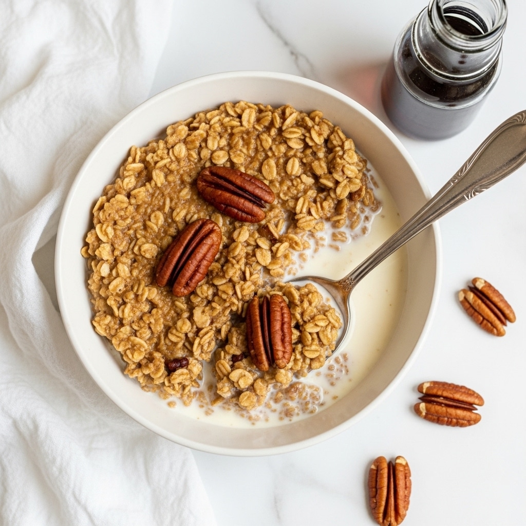 A white bowl filled with a thick golden syrup topped with whole pecan halves that are glossy and rich brown. A white spatula with a light wooden handle rests inside the bowl on the right side, partly submerged in the syrup. The bowl is placed on a smooth white marbled surface with soft light and subtle brown veins. The image is simple and focuses on the texture and shine of the pecans and syrup. photo taken with an iphone --ar 4:5 --v 7