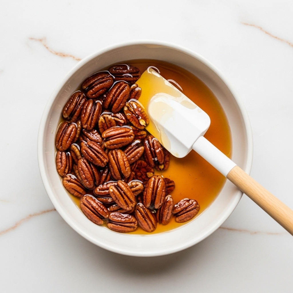 A white bowl holds a warm oat and pecan mixture partially soaked in milk, with a silver spoon resting inside, scooping some oat and pecans. The oat mixture is textured and golden brown with large glossy pecan halves on top. The bowl sits on a white marbled surface, with a white cloth nearby and a small glass bottle of syrup beside it. A few pecans are scattered on the surface for detail. photo taken with an iphone --ar 4:5 --v 7
