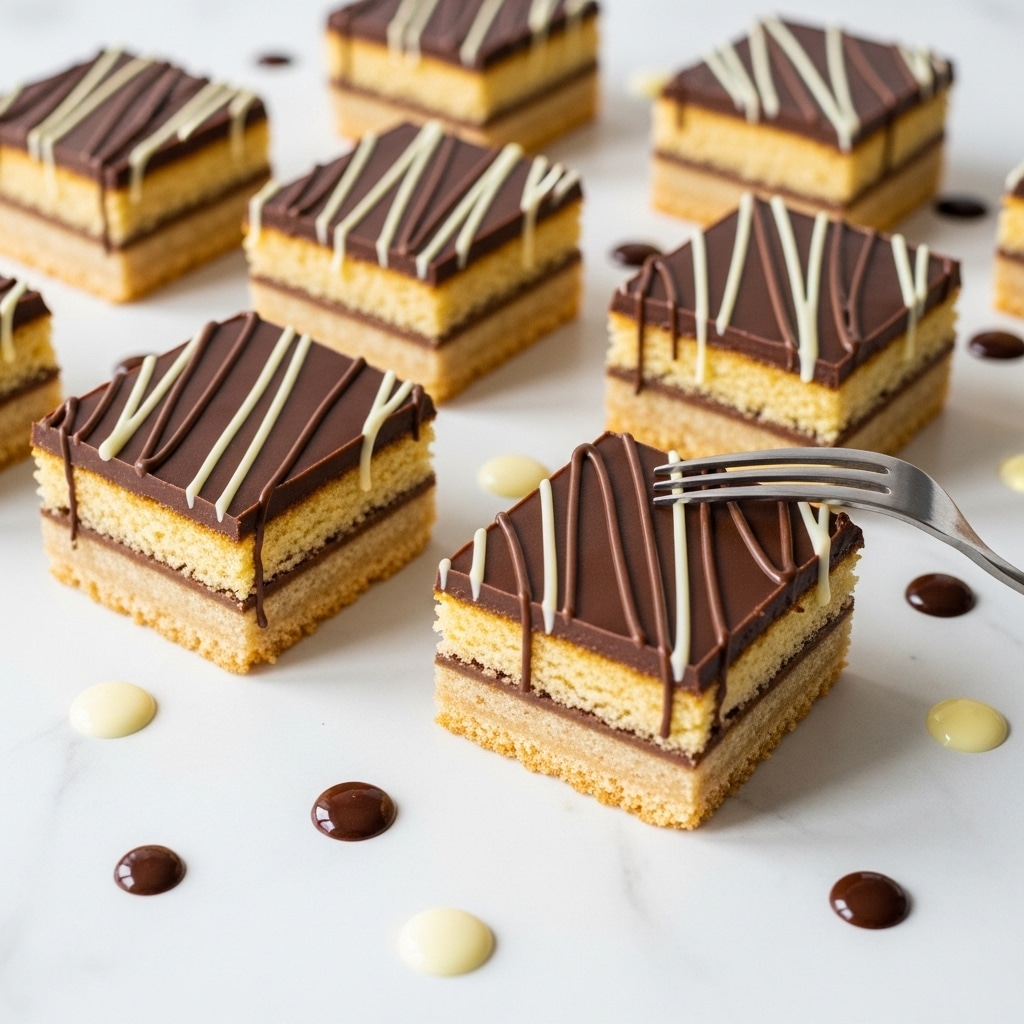 The image shows multiple square-shaped dessert bars laid out on a white marbled surface. Each bar has two visible layers: a pale golden base with a soft crumbly texture, and thin drizzles of dark brown and creamy white chocolate sauce spread diagonally across the top. Small drops of white and dark chocolate sauce are scattered around the bars. On the right side, there is a partial view of a silver fork resting near one of the bars. The overall look is neat and inviting with a smooth, shiny chocolate contrast against the light base. Photo taken with an iphone --ar 4:5 --v 7
