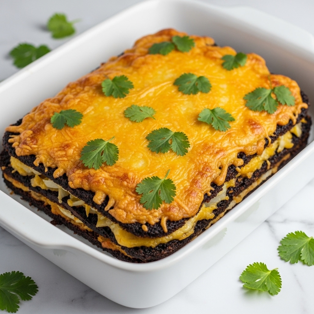 A white rectangular baking dish holds a three-layer baked dish. The bottom layer appears dark brown and crispy at the edges, topped with a thick layer of melted golden-yellow cheese that has a slightly browned texture. Scattered green cilantro leaves cover the top, adding a fresh color contrast. A woman's hand is seen cutting a square portion with a knife into the dish. The white marbled surface is visible around the dish with a few cilantro leaves scattered on it. Photo taken with an iphone --ar 4:5 --v 7