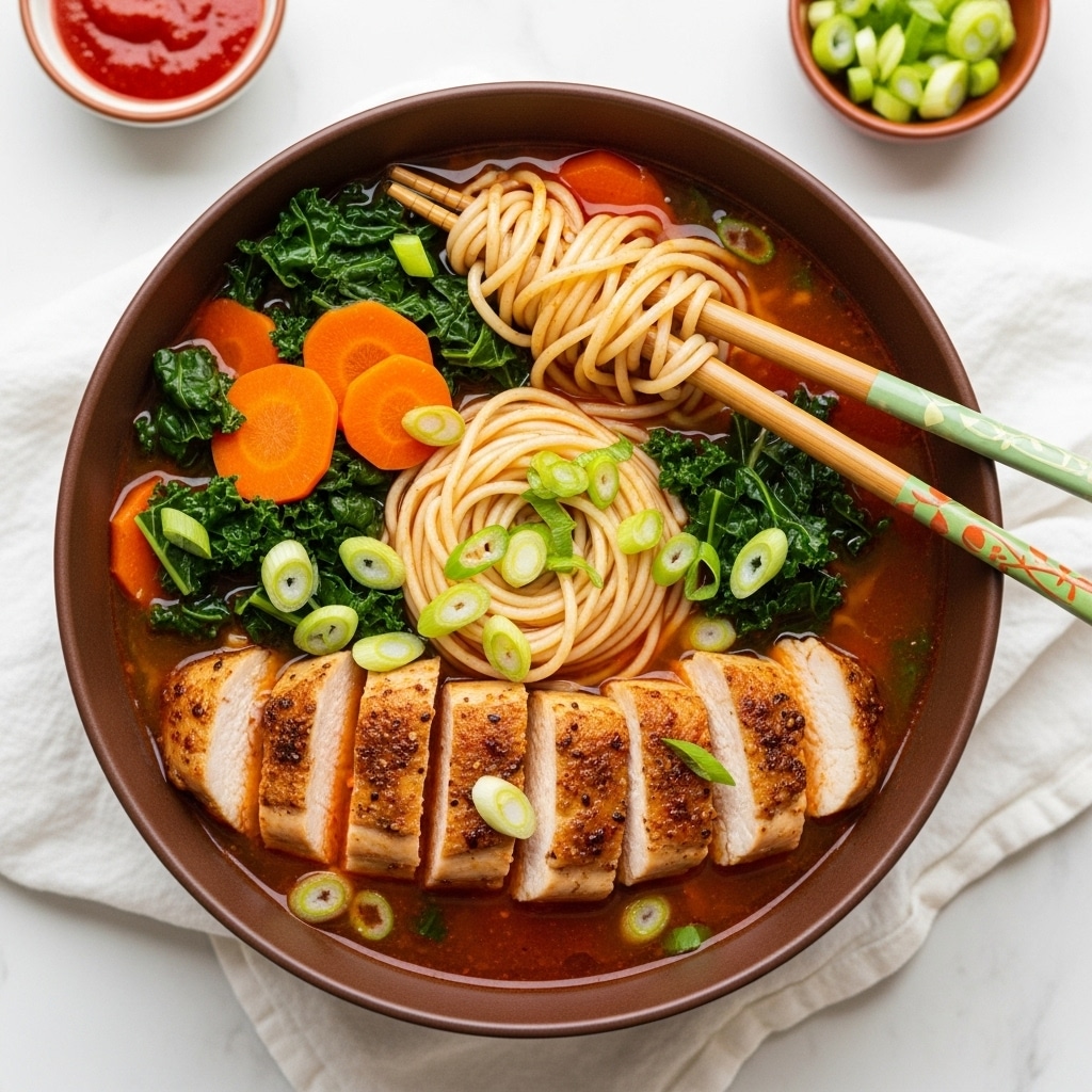 A wooden board holds all the ingredients arranged neatly on a white marbled surface. In the center-right, there are four raw chicken tenderloins on brown parchment paper. Below the chicken, there are three nests of uncooked yellow noodles. To the left of the noodles, a small white bowl contains colorful spices including red, brown, and green powders. Nearby, a whole garlic bulb and some peeled garlic cloves lie. On the top left, a large yellow onion is halved, and green onions are placed next to it. Fresh green kale leaves spread around the chicken and vegetables. Next to the kale, a bunch of bright orange carrots with green tops stand upright. Slightly above the carrots, a piece of fresh ginger root is placed. To the top center, a small white bowl holds dark brown soy sauce. On the bottom right, a white bowl contains salt and black pepper. Nearby, a tube of yellow tomato paste, a small red sauce bowl, and a clear pitcher filled with light brown broth complete the layout. Photo taken with an iphone --ar 4:5 --v 7