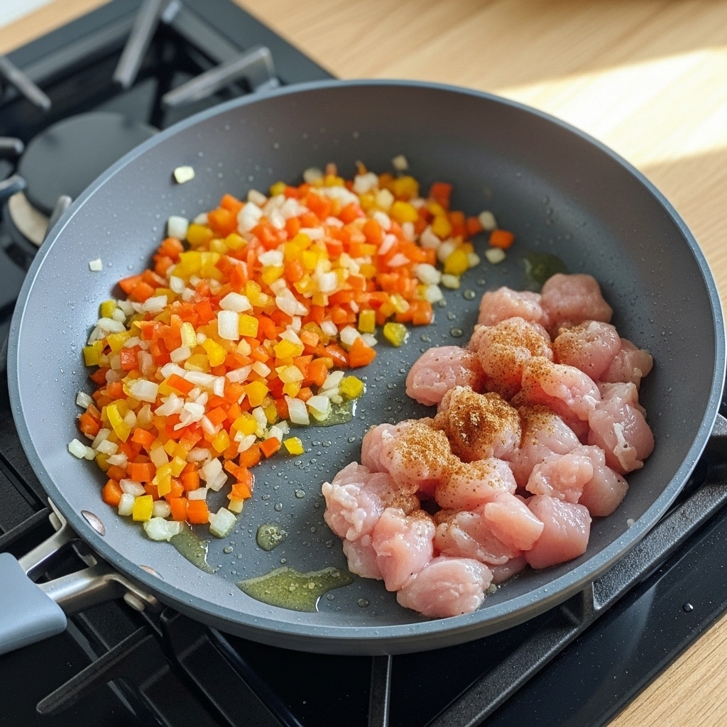 A gray frying pan sits on a stove with two main layers inside: on the left side, there is a mix of finely chopped orange, red, and yellow bell peppers along with small white onion pieces, forming a colorful, textured pile; on the right side, there are small pieces of raw pink chicken sprinkled lightly with brown spices. The pan has a matte surface with some oil glistening near the food, and the stove beneath is black with visible burners. The surrounding kitchen counter is light wood, and soft natural light illuminates the scene from the right side. photo taken with an iphone --ar 4:5 --v 7