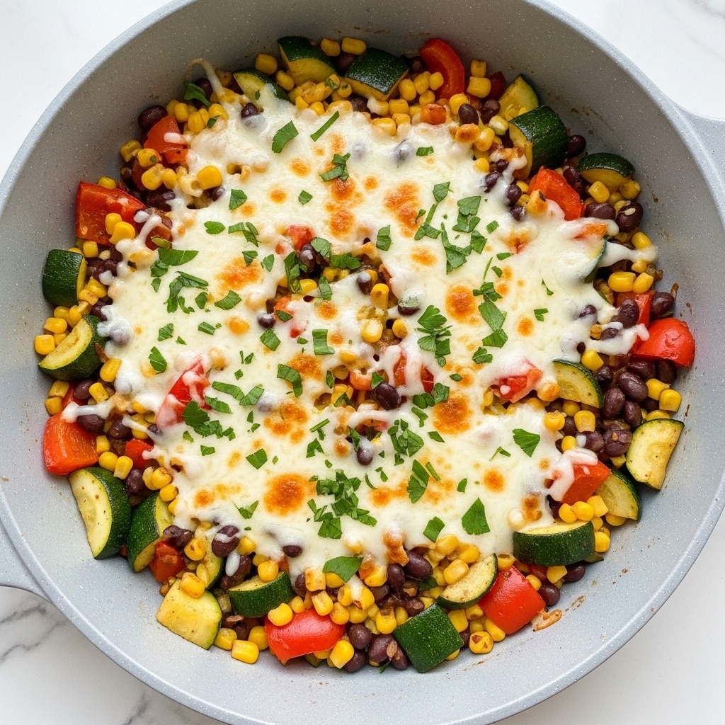 The image shows a light gray pan filled with a colorful mix of cooked vegetables and melted cheese. The dish has several visible layers: at the bottom, there are small pieces of green zucchini and red bell pepper mixed with yellow corn kernels and black beans, all cooked together. On top, a layer of melted cheese stretches lightly across the vegetables, showing creamy white and light orange spots. Scattered finely chopped green herbs sprinkle over the entire dish, adding freshness. The pan sits on a white marbled surface. photo taken with an iphone --ar 4:5 --v 7