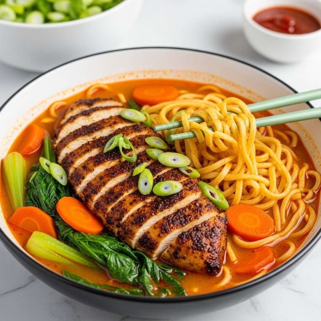 A brown bowl filled with a soup that has a red broth as the base, visible noodles forming a nest in the center, and bright orange carrot slices mixed with dark green kale scattered throughout. On top, there is a row of five sliced pieces of cooked chicken with a browned, seasoned outer layer. Fresh green onion slices are sprinkled over the noodles and chicken. Two light green and natural wood chopsticks rest inside the bowl, lifting some noodles. The bowl sits on a white cloth on a white marbled surface with small dishes of red sauce and chopped green onions nearby. Photo taken with an iphone --ar 4:5 --v 7