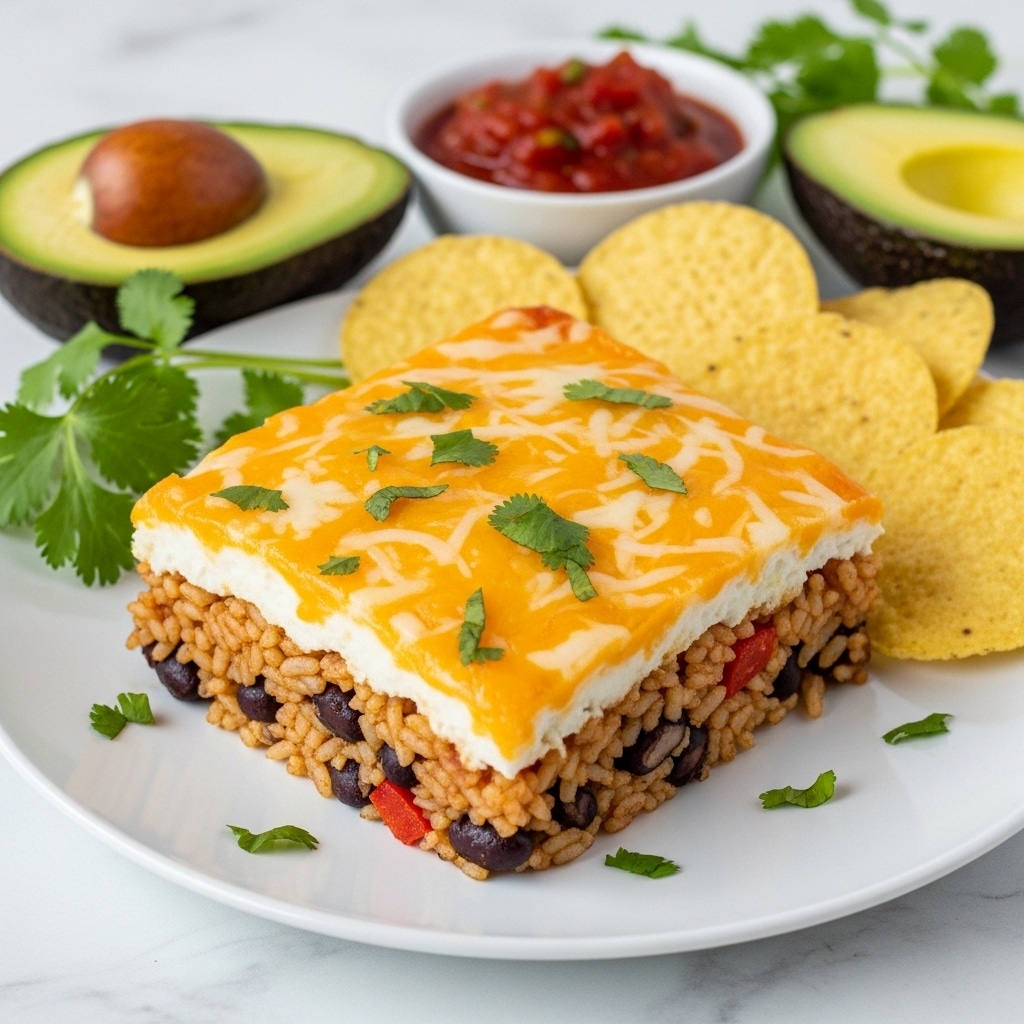 A white plate holds a square piece of layered casserole. The bottom layer is a mix of rice and black beans with small bits of red bell pepper visible. Above this is a thick layer of melted orange and white cheese, slightly browned on top. Fresh green chopped cilantro is sprinkled on the cheese and scattered around the plate. Nearby, round yellow corn chips are spread loosely, and a small white dish with chunky red salsa sits in the background. Two halves of a green avocado, one showing the seed, are placed at the corner of the white marbled surface. A green cilantro sprig lies next to one avocado half. Photo taken with an iphone --ar 4:5 --v 7