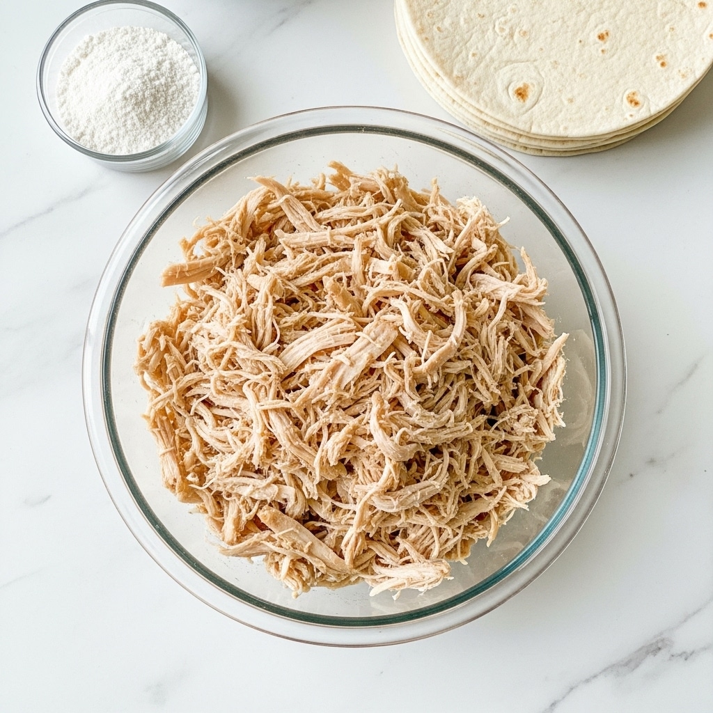 A clear glass bowl filled with shredded light brown cooked chicken sits in the center on a white marbled surface. To the upper left of the bowl is a small clear container filled with white powder, and to the upper right, there are soft white tortillas stacked in a neat pile. The chicken pieces have a slightly textured and fibrous look, with thin strands and chunks mixed together. photo taken with an iphone --ar 4:5 --v 7