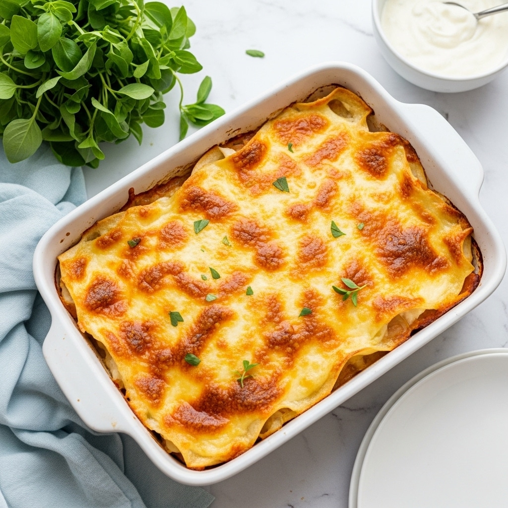 A single long piece of baked enchilada sits on a white plate placed on a white marbled surface. The enchilada has a soft, pale tortilla base that holds a thick creamy white sauce layer, topped with a golden melted cheese layer that is slightly browned in places. A dollop of white sour cream with small green cilantro leaves sits on the middle part of the enchilada, with more cilantro leaves scattered lightly on top. In the background, out of focus, there is a bunch of fresh green cilantro and a bowl with white cream. photo taken with an iphone --ar 4:5 --v 7