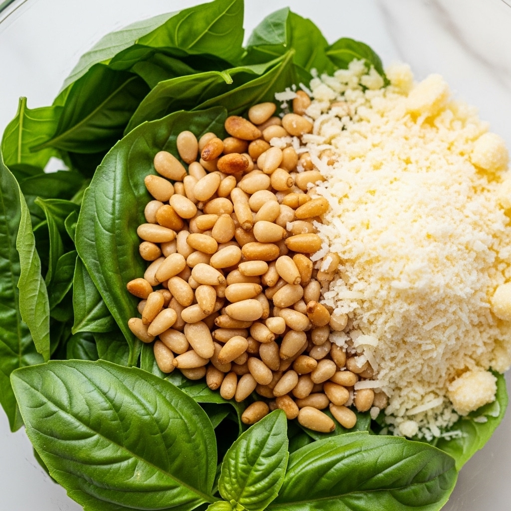 The image shows a close-up view inside a clear bowl with fresh green basil leaves on the left and bottom edges, their smooth surfaces catching light. In the center is a pile of golden-brown toasted pine nuts, some with a light shine and a few slightly darker. On the right side, there is a mound of finely grated pale yellow Parmesan cheese, adding a powdery texture next to the greens and nuts. The ingredients are layered together but not mixed, showing distinct textures and colors. The background is a white marbled texture. Photo taken with an iphone --ar 4:5 --v 7