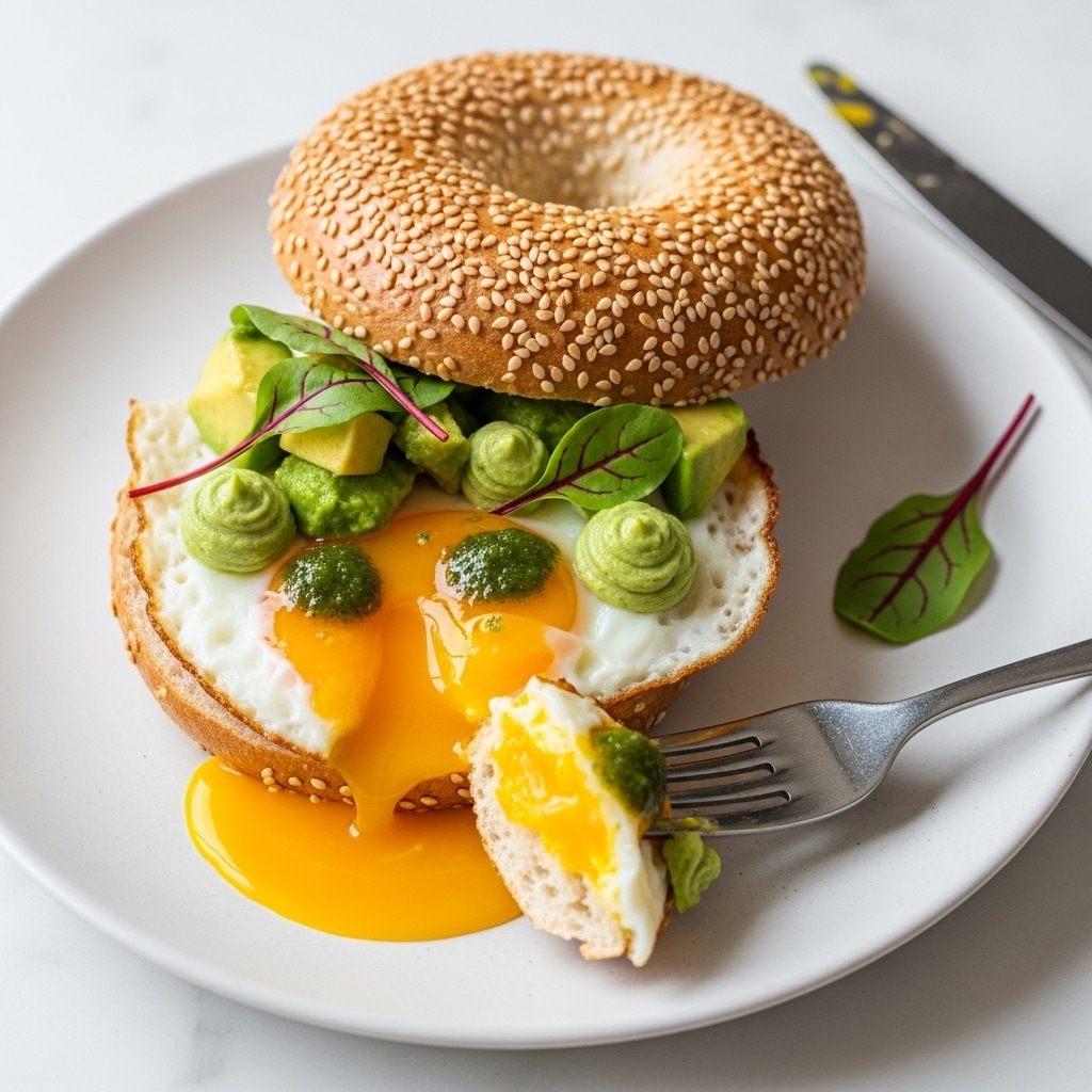 A round sesame seed bagel is sliced in half on a white plate showing the soft inside. On the bottom half, there is a crispy fried egg with a runny yolk that spills onto the plate. On top of the egg, there are small green avocado chunks and green sauce dollops, with a few fresh green leaves scattered around, adding texture and color. A fork holds a bite-sized piece of the bagel near the yolk pool. The plate rests on a white marbled surface with a knife nearby. photo taken with an iphone --ar 4:5 --v 7