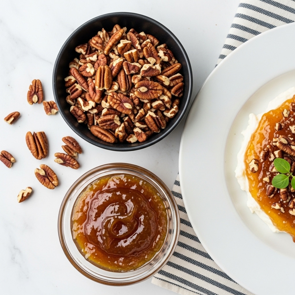 The image shows a small black bowl filled with roughly chopped pecans, with some pecan pieces scattered around the bowl on a white marbled surface. Below the bowl, there is a small clear glass container holding a thick, amber-colored jam or preserve. To the right, part of a white plate is visible, containing a dish with a creamy white base topped with the same amber jam and sprinkled with some pecans, finished with a small green herb garnish. A striped cloth napkin is partially visible near the glass container. The photo is taken with an iphone --ar 4:5 --v 7