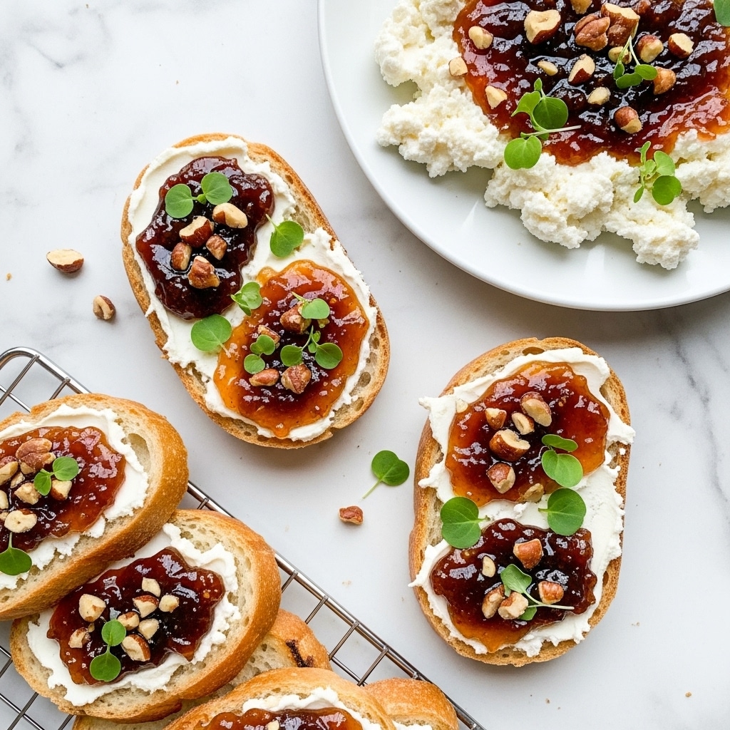 The image shows toasted baguette slices with three layers on top: a soft white cheese spread on the bread, a thick dark brown and amber-colored jam with a shiny texture that looks sticky, and small green herb sprigs sprinkled over the jam. Pieces of crunchy brown nuts are scattered on the jam layer. The toasts are placed on a white marbled surface, with more slices stacked on a white-lined wire rack at the bottom left. In the top right corner, there is a white plate filled with soft white cheese spread, jam, nuts, and herbs. The overall scene looks fresh and appetizing. photo taken with an iphone --ar 4:5 --v 7
