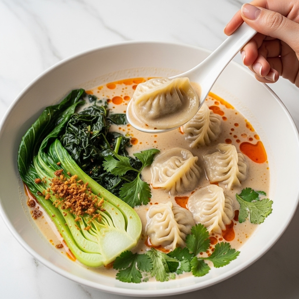 The dish shows a white bowl filled with creamy light beige soup with orange oil drops on top and several plump dumplings floating inside. On one side of the bowl, there are dark green leafy vegetables and a piece of light green bok choy with some crispy bits sprinkled over it. A woman's hand holds a white spoon lifting one dumpling out of the soup, showing its smooth, slightly translucent skin with ridged edges. Fresh green herbs are scattered on the soup surface, contrasting with the creamy base. The bowl is placed on a white marbled surface photo taken with an iphone --ar 4:5 --v 7