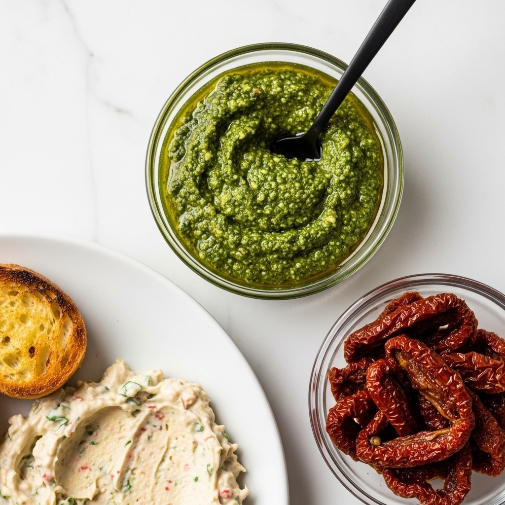 The image shows a small clear round bowl filled with a thick, dark green pesto sauce with a slightly rough texture, and a black spoon standing in the bowl. To the lower right, there is another small clear bowl filled with reddish-brown sun-dried tomatoes that look glossy and slightly wrinkled. In the bottom left corner, part of a white plate is visible, spread with a creamy mixture that is light beige with green and red specks. To the left edge, there is a small piece of toasted bread with a golden-brown crust. All items are placed on a white marbled surface. photo taken with an iphone --ar 4:5 --v 7