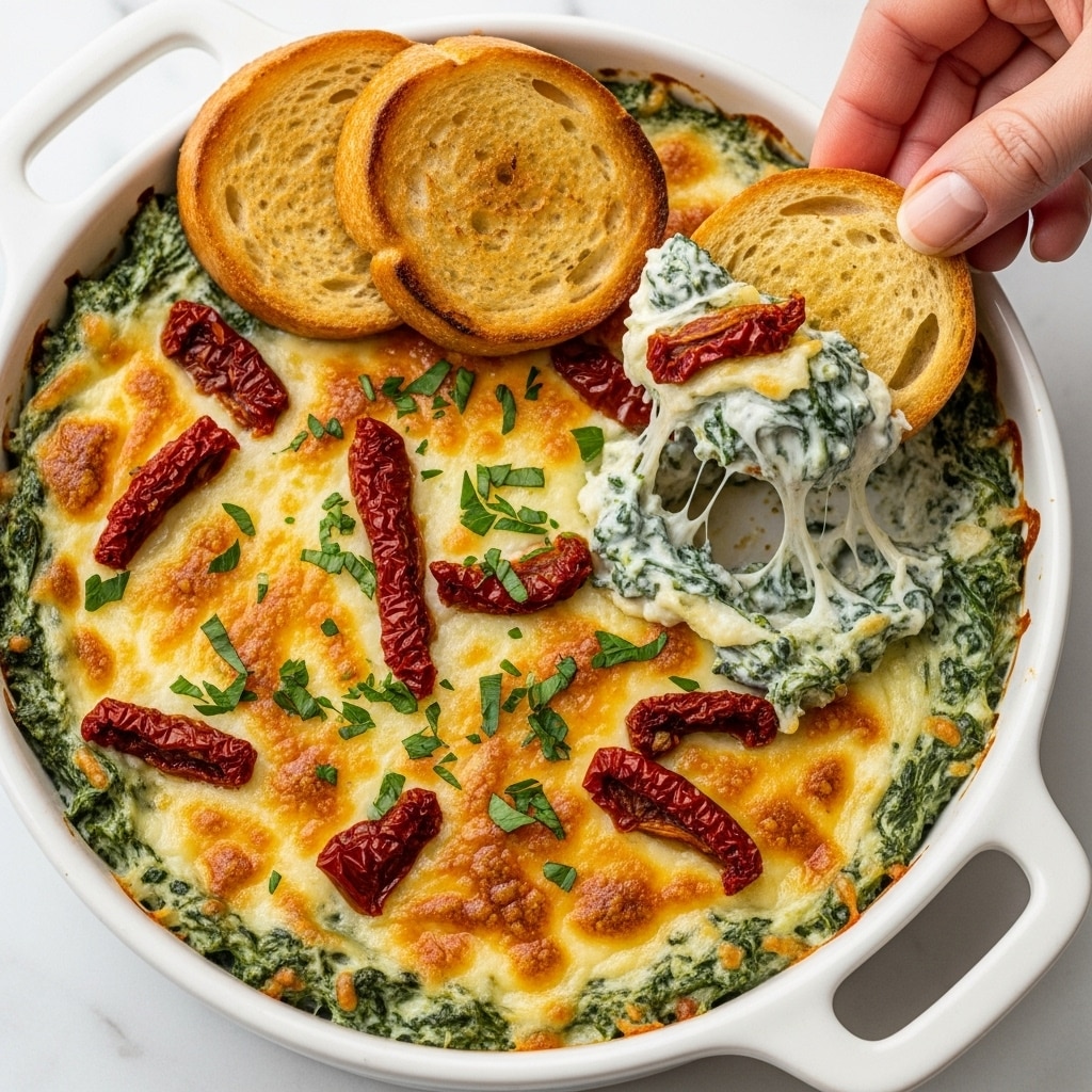 The dish is a baked spinach and cheese dip served in a white ceramic round casserole dish. The first layer is a creamy spinach base with a green, slightly chunky texture mixed with herbs. On top, there is a golden-browned, melted cheese layer, bubbly and slightly crisp around the edges. Scattered over the cheese are rich red sun-dried tomato pieces and finely chopped fresh green herbs for color contrast. Two toasted round slices of bread rest on the dip, their golden crust showing a slightly crisp texture. The dish sits on a white marbled surface with a woman's hand holding a toasted bread slice dipped into the creamy center, showing the soft, stringy cheese mix inside. photo taken with an iphone --ar 4:5 --v 7