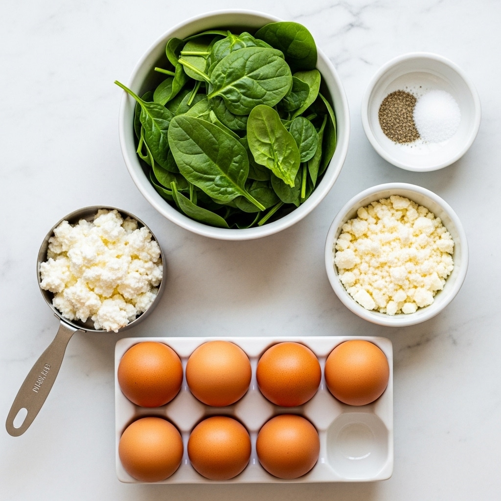 The image shows six brown eggs arranged in two rows inside a white egg holder at the bottom center, with a metal measuring cup filled with white cottage cheese on the left. Above the eggs is a white bowl full of bright green chopped spinach leaves. To the right of the spinach, there is a smaller white bowl containing black pepper and white salt side by side, and below it, another white bowl holds crumbled white cheese. All items are placed on a white marbled surface. photo taken with an iphone --ar 4:5 --v 7