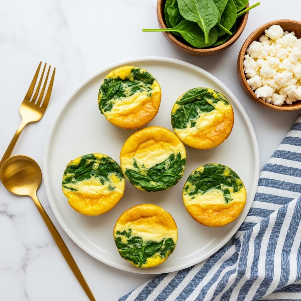 Five mini egg muffins are placed on a round white plate on a white marbled surface. Each muffin has two visible layers: a golden-yellow egg base mixed with bright green spinach leaves scattered inside. The muffins have a smooth, slightly browned edge with a fluffy texture on top. To the top right, there are two small wooden bowls, one with fresh green spinach leaves and the other filled with white crumbly cheese. A gold fork and spoon rest beside the plate on the white marbled surface, and a blue and white striped cloth is partially visible on the lower right. Photo taken with an iphone --ar 4:5 --v 7
