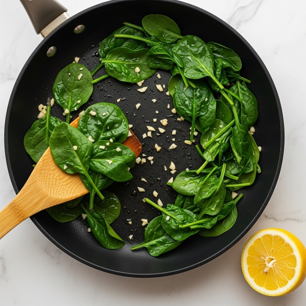 A black pan on a white marbled surface holds bright green cooked spinach leaves with a shiny, slightly wet texture, mixed with small bits of chopped garlic scattered evenly. A wooden spatula lifts some spinach on the left side of the pan, showing the leaves' soft, wrinkled texture. In the bottom right corner, there is a halved yellow lemon with a rough peel and juicy interior. The scene is bright and clear, emphasizing the fresh, healthy look of the spinach and garlic. Photo taken with an iphone --ar 4:5 --v 7