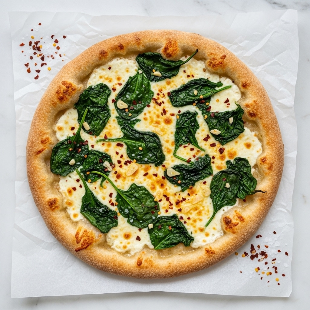 A round pizza on white parchment paper rests on a white marbled surface with some red pepper flakes and salt scattered nearby. The pizza has one visible thick crust layer that is golden-brown with a slightly rough texture. The base layer inside the crust is melted white and light yellow cheese, spread evenly but showing some browned spots. On top of the cheese, there are scattered dark green wilted spinach leaves, adding a fresh contrast. Small bits of chopped garlic and red chili flakes are sprinkled sparsely on the pizza surface. The overall look is rustic and fresh. photo taken with an iphone --ar 4:5 --v 7