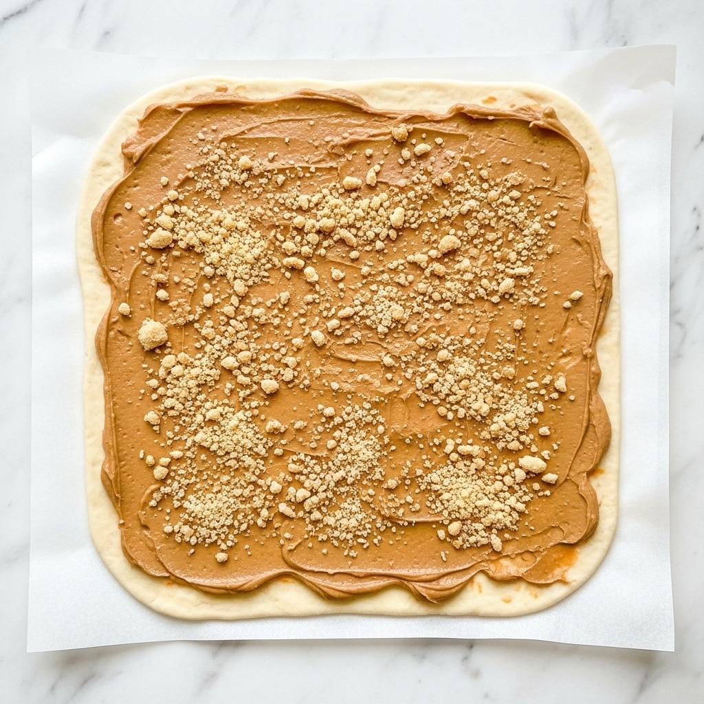 The image shows a flat square sheet of pale dough placed on white parchment paper over a white marbled surface. The dough is covered with a smooth and glossy layer of light brown spread evenly, almost to the edges but leaving a small margin. On top of this spread, there is a scattered layer of coarse golden brown crumbs spread mostly evenly, adding texture and a slightly rough look across the smooth base. The image has bright lighting and is taken from above, showing all details clearly. Photo taken with an iphone --ar 4:5 --v 7