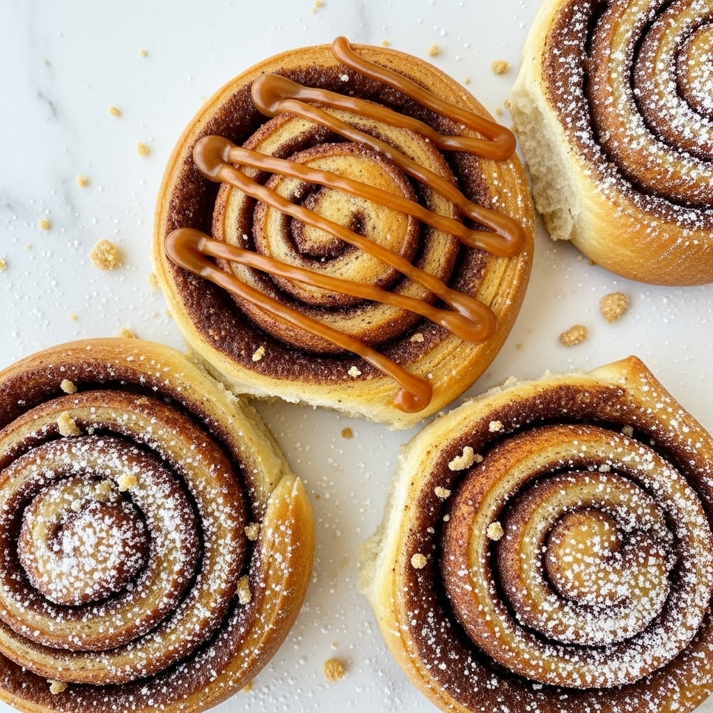 The image shows four cinnamon roll pastries on a white marbled surface, each with a swirl shape made of golden brown baked dough and darker brown cinnamon filling layers. The top pastry in the center is drizzled with caramel-colored sauce in a zigzag pattern, and all the rolls have a light dusting of white powdered sugar, creating a contrast with the brown dough and filling. Small crumbs are scattered around the pastries, adding texture to the scene. photo taken with an iphone --ar 4:5 --v 7