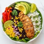 Easy Chicken Burrito Bowls with Fajita Chicken, Veggies, and Cilantro Lime Dressing Recipe