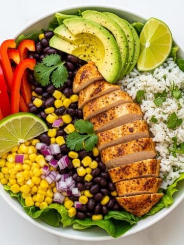 Easy Chicken Burrito Bowls with Fajita Chicken, Veggies, and Cilantro Lime Dressing Recipe