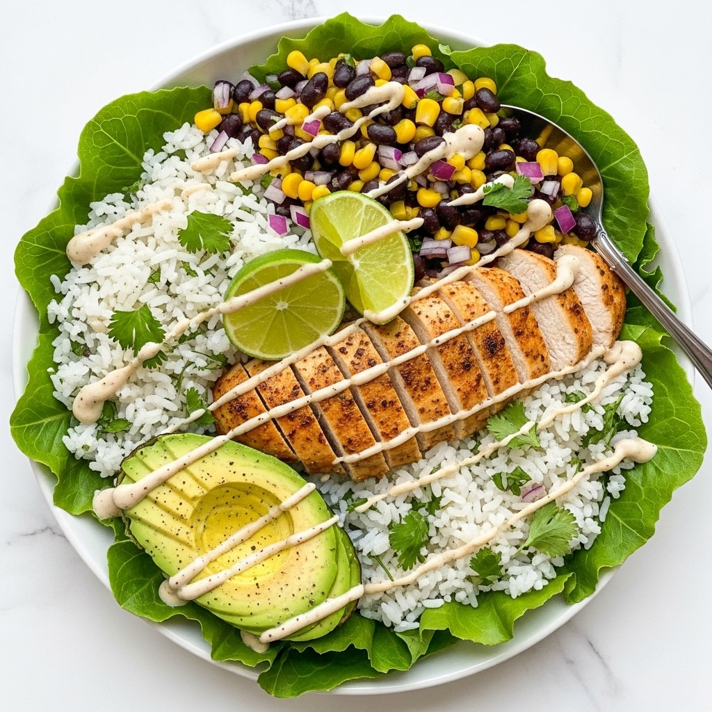 A white plate sits on a white marbled surface, filled with a layered dish starting with fresh green lettuce leaves at the base. On top, there are three main sections: in the center, slices of golden-brown cooked chicken arranged in a neat row with visible seasoning; to one side, white rice mixed with small bits of chopped cilantro; and on the other, a colorful mixture of black beans, yellow corn, diced red onions, and finely chopped cilantro. Two lime wedges rest next to the chicken, adding a fresh green touch. A neatly fanned avocado half with light green flesh is placed near the bottom left, with visible black pepper. The whole dish is drizzled with a light cream sauce in thin lines across all layers. A spoon peeks out from the rice side, and the whole scene is brightly lit. photo taken with an iphone --ar 4:5 --v 7
