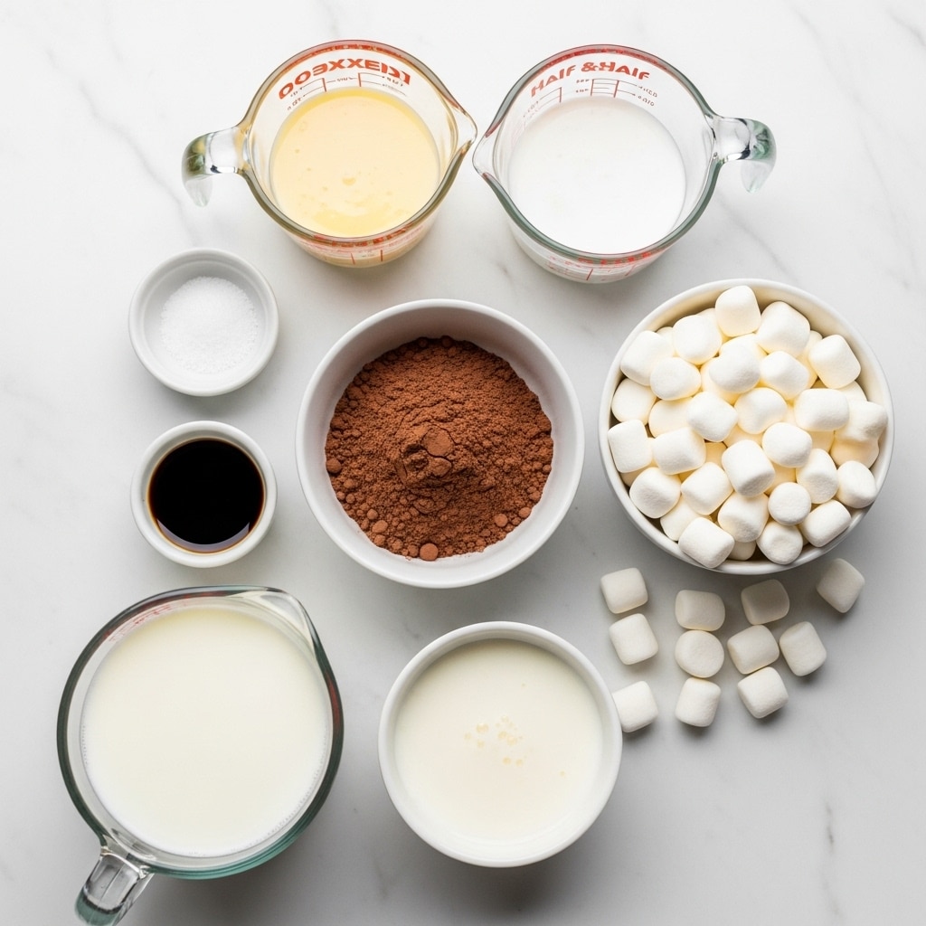 The image shows eight containers with labeled ingredients placed on a white marbled surface. At the top center is a glass measuring cup filled with pale yellow sweetened condensed milk. To its right, a similar glass measuring cup holds white half and half. Below these, a white bowl is filled with small, white, cylindrical marshmallows, some of which are scattered outside the bowl. In the center is a white bowl containing unsweetened cocoa powder with a rich dark brown color and a smooth texture. To the left of the cocoa powder, a small white container holds a dark brown liquid labeled vanilla, and above it, a tiny white bowl contains white salt. Below these, a white cup labeled creamer holds a white liquid with a slightly thick texture. At the bottom left corner, a larger glass measuring cup is filled with white whole milk. The containers and their contents are neatly arranged in a balanced composition. photo taken with an iphone --ar 4:5 --v 7