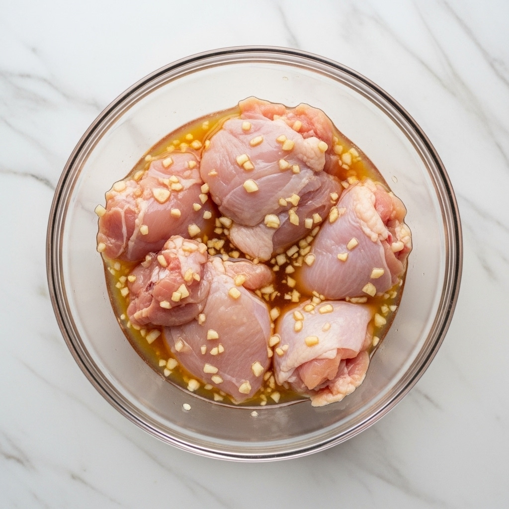 A clear glass bowl holds several pieces of raw light pink chicken submerged in a light brown marinade with small white garlic bits scattered throughout. The chicken pieces vary in size and texture with some parts appearing smooth and others slightly uneven. The bowl is placed on a white marbled surface that has subtle soft grey veins and a clean, bright look. The overall image shows a simple preparation scene. photo taken with an iphone --ar 4:5 --v 7