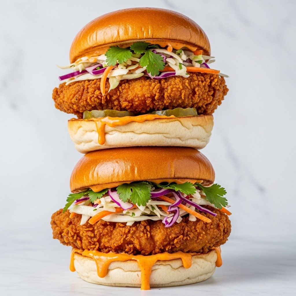 Two tall fried chicken sandwiches stacked on top of each other stand against a soft white marbled background. The bottom sandwich has a shiny golden-brown bun with a crispy fried chicken piece inside, topped with colorful shredded slaw made of white, purple, and orange vegetables and fresh green herbs, all sitting on a white bottom bun spread with bright orange sauce that drips down the sides. Above it, the upper sandwich has a light golden top bun and a thick crispy fried chicken piece, topped with similar fresh shredded slaw and a green pickle slice, with orange sauce slightly visible between the layers. The buns look soft with a slight sheen, and the fried chicken pieces appear crunchy and textured with rough edges. photo taken with an iphone --ar 4:5 --v 7