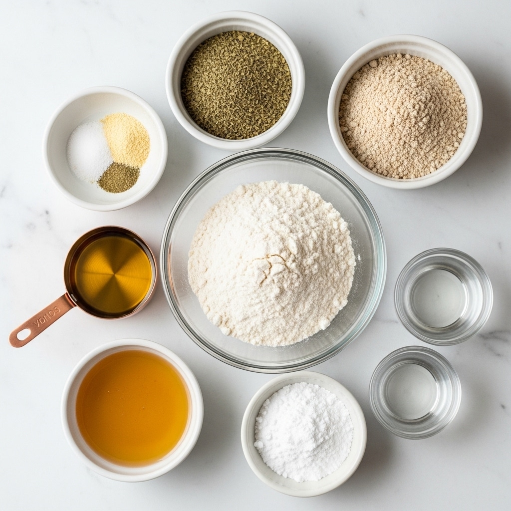 The image shows seven small white bowls and a clear glass bowl arranged on a white marbled surface, each containing a different ingredient. In the center is a clear glass bowl filled with white all-purpose flour, with a rough, powdery texture. To the top right is a white bowl with light brown whole wheat flour that looks finely ground. Above the center is a white bowl with dried oregano, dark green and slightly coarse. To the top left is a white bowl with a mix of white salt and light yellow garlic powder. Below this bowl is a small copper measuring cup holding golden olive oil, shiny and smooth. At the bottom left is a white bowl with a pale amber liquid labeled ACV (apple cider vinegar), clear and slightly thick. Finally, at the bottom right is a small white bowl with white baking powder, powdery and fine, and next to it is a small glass cup with clear water. The setup is neat with soft natural light, and all bowls are placed on the white marbled surface. Photo taken with an iphone --ar 4:5 --v 7