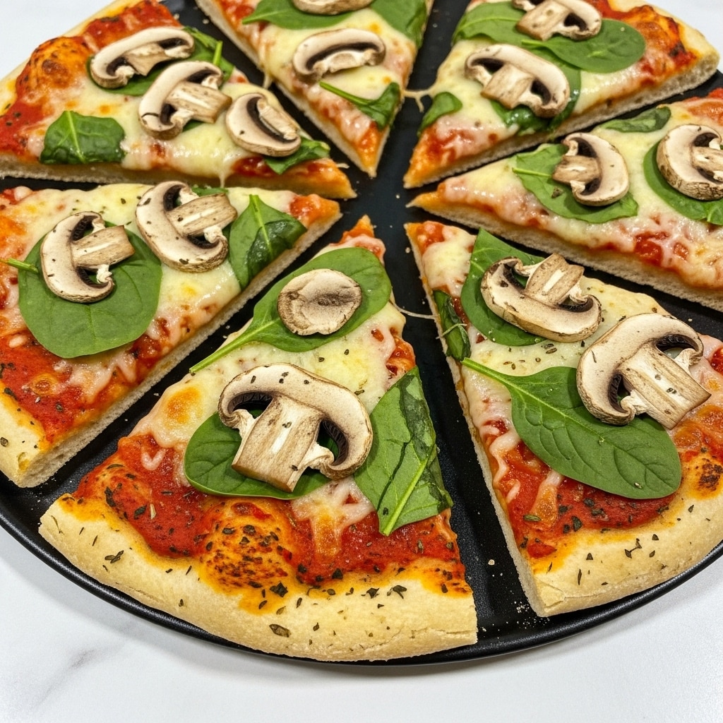 The image shows several slices of pizza on a black round pan placed on a white marbled surface. Each slice features a thick, golden-brown crust sprinkled with herbs. The first layer is a vibrant red tomato sauce spread evenly under a layer of melted, light golden cheese. On top of the cheese are slices of light brown mushrooms and fresh green spinach leaves, scattered across the slices. The cheese has a slightly browned texture in some areas, showing it was baked well. The pizza looks soft with a mix of colors from the sauce, cheese, mushrooms, and spinach photo taken with an iphone --ar 4:5 --v 7
