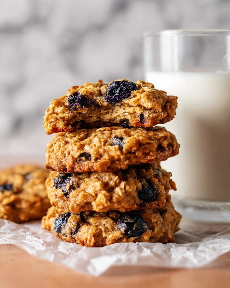 A stack of four oatmeal cookies with visible dark blueberries is placed on crinkled white paper on a wooden surface. The bottom three cookies show a rough, golden-brown texture with oats and scattered blueberries. The top cookie is broken in half, showing a soft, slightly crumbly inside with dark blueberries embedded throughout. Behind the cookies, there is a clear glass of white milk, all set against a blurred white marbled background. photo taken with an iphone --ar 4:5 --v 7