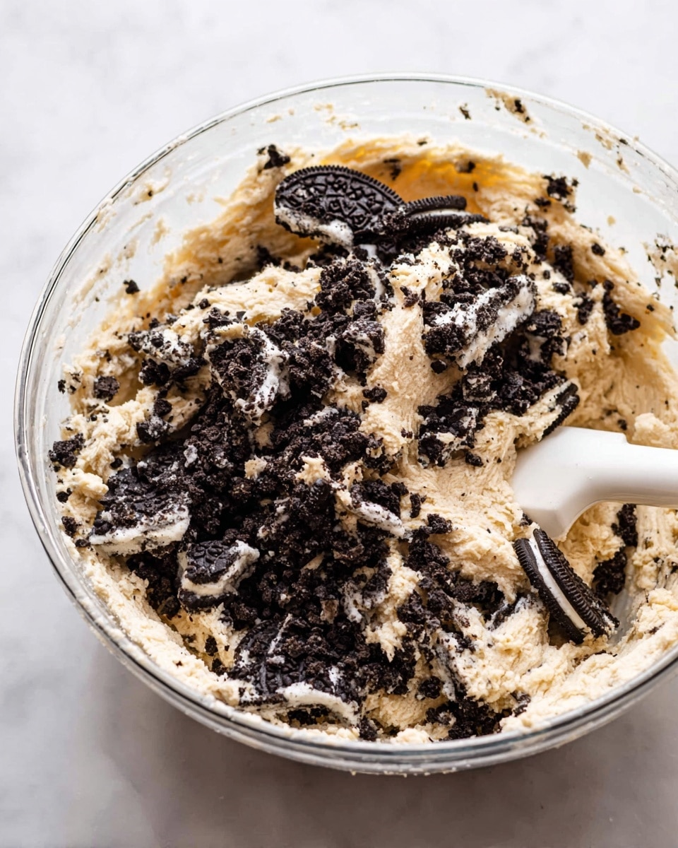 Inside a clear glass bowl on a white marbled surface, there is a thick, light beige dough mixed with many small pieces of crushed black and white sandwich cookies. The dough looks soft and slightly sticky, with the cookie pieces scattered on top and partially mixed in. A white spatula with some dough on it rests inside the bowl on the right side. photo taken with an iphone --ar 4:5 --v 7