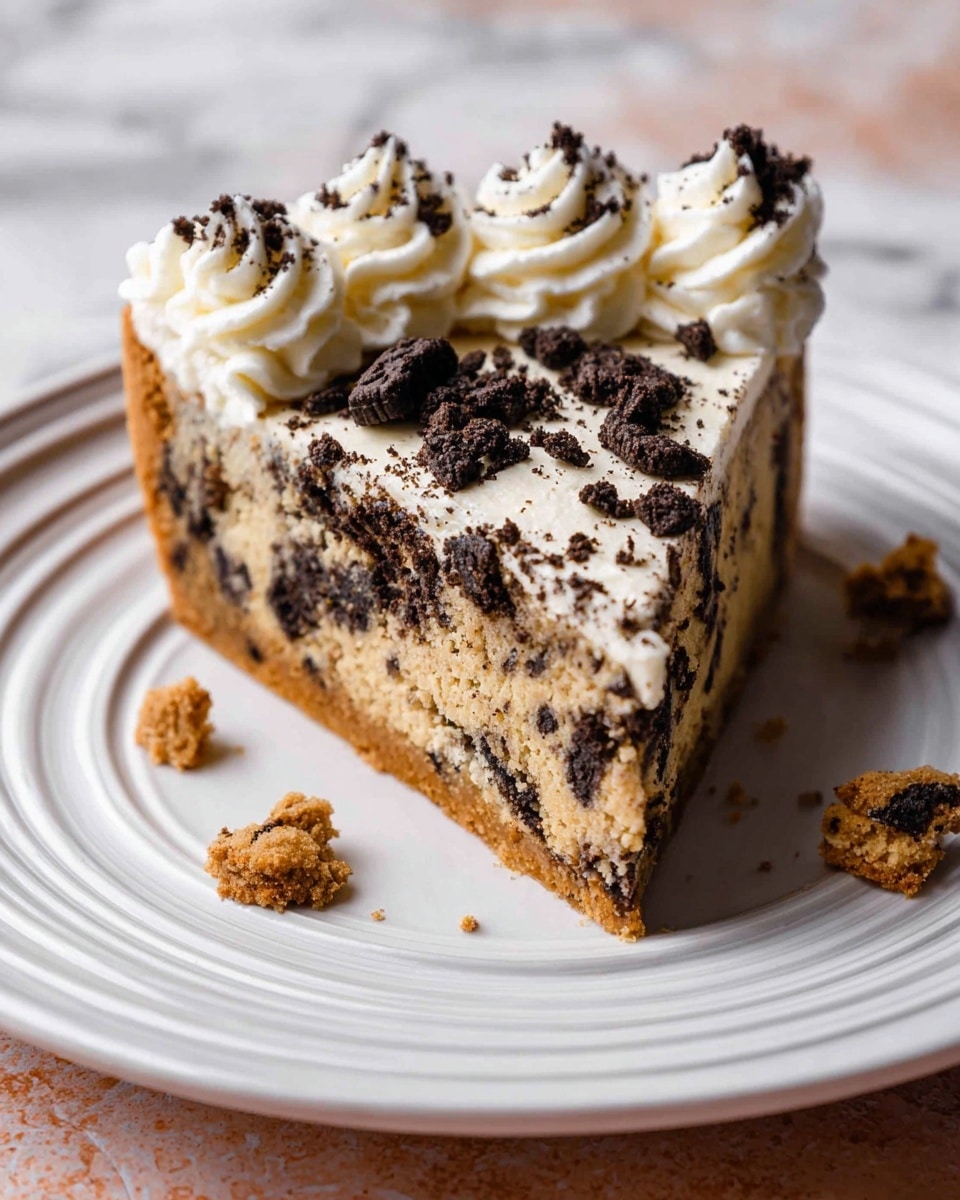 A single slice of cookie cake with a light golden-brown color and crushed dark chocolate cookies mixed inside and scattered on top, creating a speckled texture. The top edge of the slice is decorated with a thick layer of white cream piped in swirls, each swirl having fine ridges and small dark cookie crumbs sprinkled on it. The slice is placed on a white plate with a subtle curved groove pattern. Small cookie crumbs are scattered beside the slice on the plate. The background is a white marbled texture. photo taken with an iphone --ar 4:5 --v 7