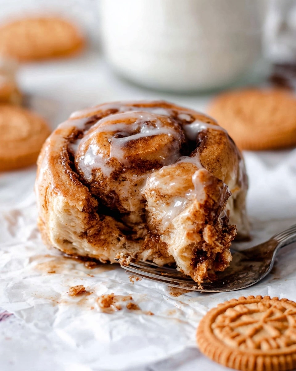 A close-up view of a cinnamon roll with three visible layers, each layer showing a soft, brown, textured dough swirled with darker cinnamon filling. The roll is covered with a shiny glaze that drips down its sides. It rests on white parchment paper over a white marbled surface, with a silver fork touching the front of the roll, pulling apart a piece to show the soft inside. Around it are some round, light brown cookies with detailed patterns. In the blurred background, a glass of milk is faintly visible. Photo taken with an iphone --ar 4:5 --v 7