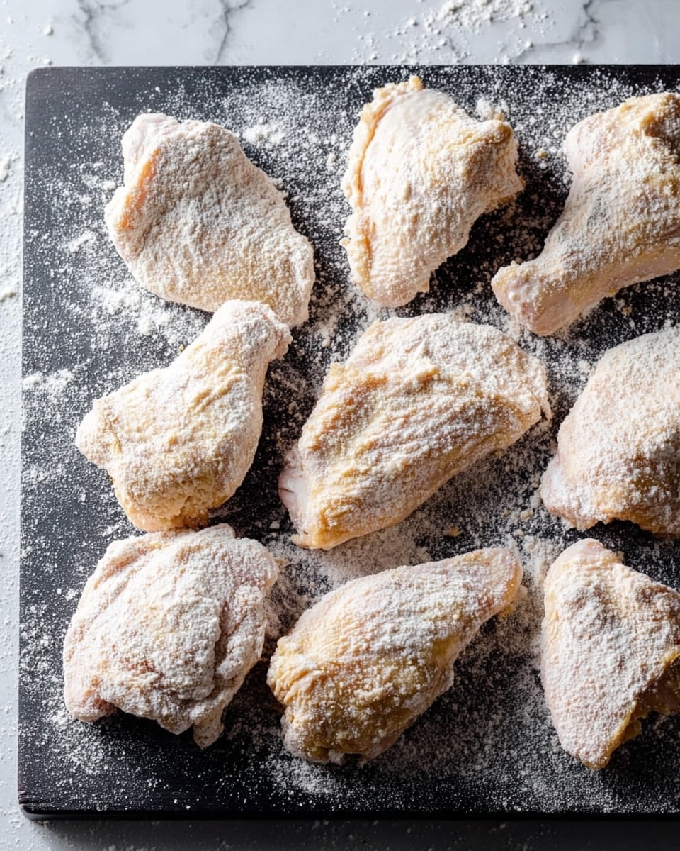 The image shows ten pieces of raw chicken coated in a light, powdery batter. Each piece is uneven in shape and covered with flour, giving a rough, grainy texture. The chicken pieces are placed on a black board sprinkled with extra flour. The background is a white marbled surface with some scattered flour dust around the board. The pieces have light beige colors with slightly darker patches under the flour. photo taken with an iphone --ar 4:5 --v 7