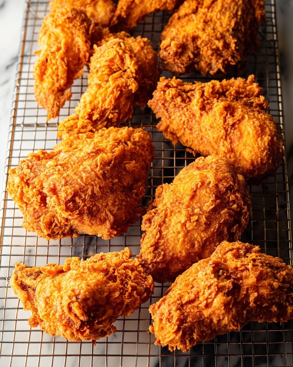 Several pieces of golden brown fried chicken with a thick, crispy, and crunchy texture are placed on a metal cooling rack. The chicken pieces are unevenly shaped, showing creases and crunchy bumps on the outside, and the colors range from light to deeper golden orange. The background has a white marbled texture beneath the rack, adding a clean contrast to the warm tones of the chicken. photo taken with an iphone --ar 4:5 --v 7