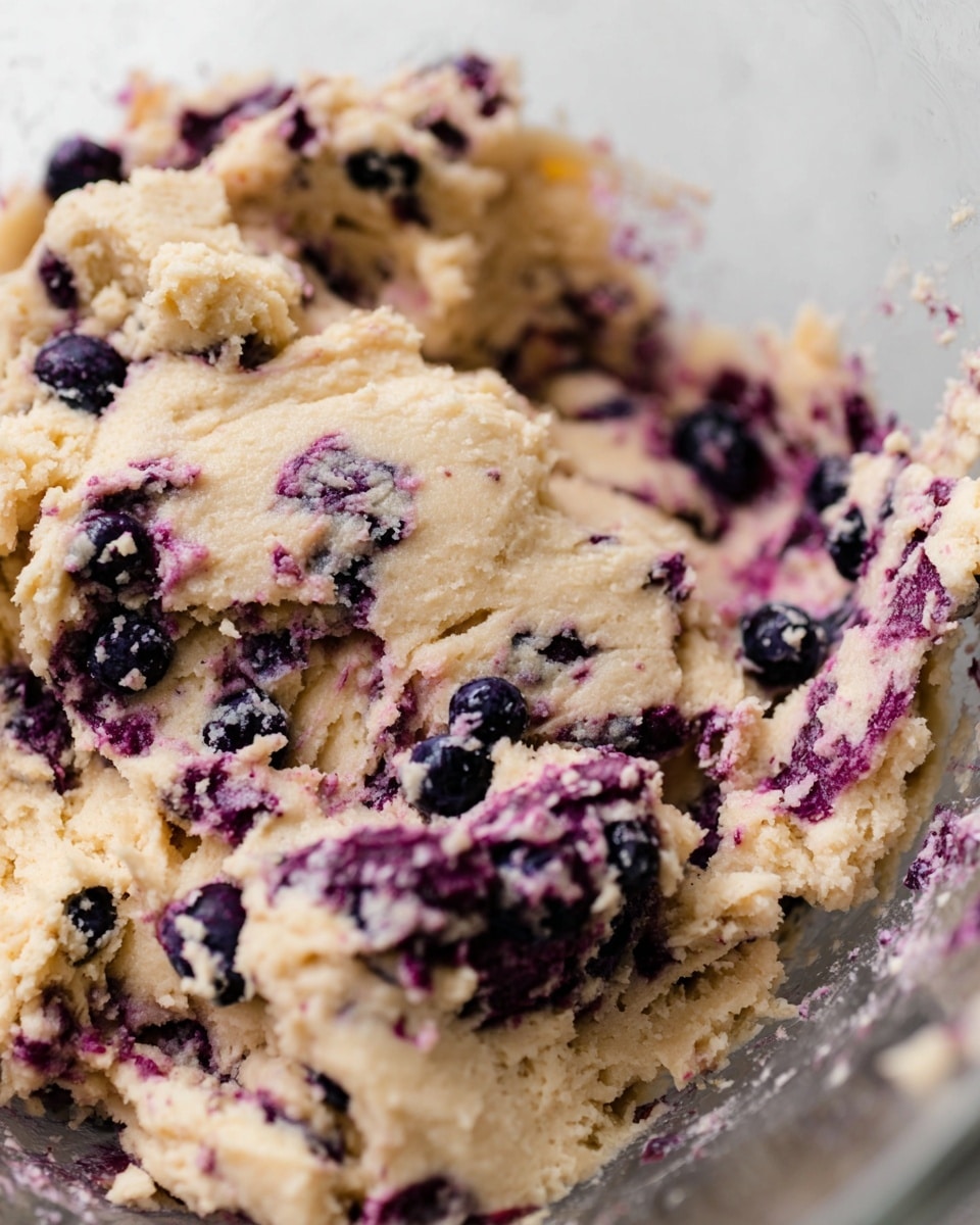 This image shows a close-up of raw cookie dough mixed with whole blueberries. The dough is creamy beige with a rough, crumbly texture, swirled with streaks of deep purple from the blueberry juice. The blueberries are scattered unevenly throughout the dough, some partially embedded, some visible on the surface. The mixture sits inside a clear glass bowl, with the white marbled background faintly seen around the bowl edges. Photo taken with an iphone --ar 4:5 --v 7