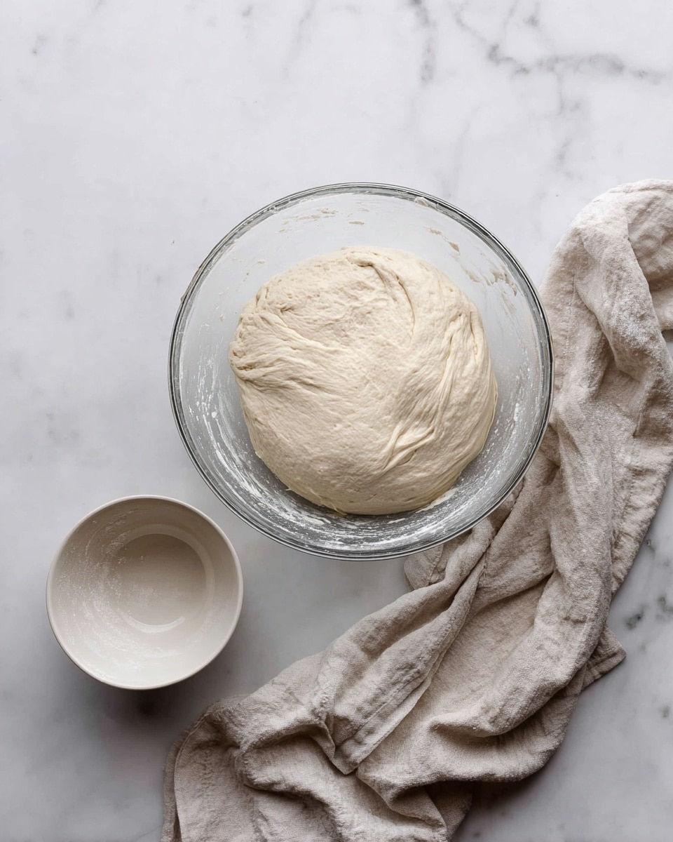 A clear glass bowl filled with light beige bread dough that looks soft and sticky, partially stretched upward in the middle showing its elastic texture. Next to it, on the left side, is an empty small white bowl with smooth inner surface. On the bottom right, a light beige cloth with soft folds lies on a white marbled surface. photo taken with an iphone --ar 4:5 --v 7