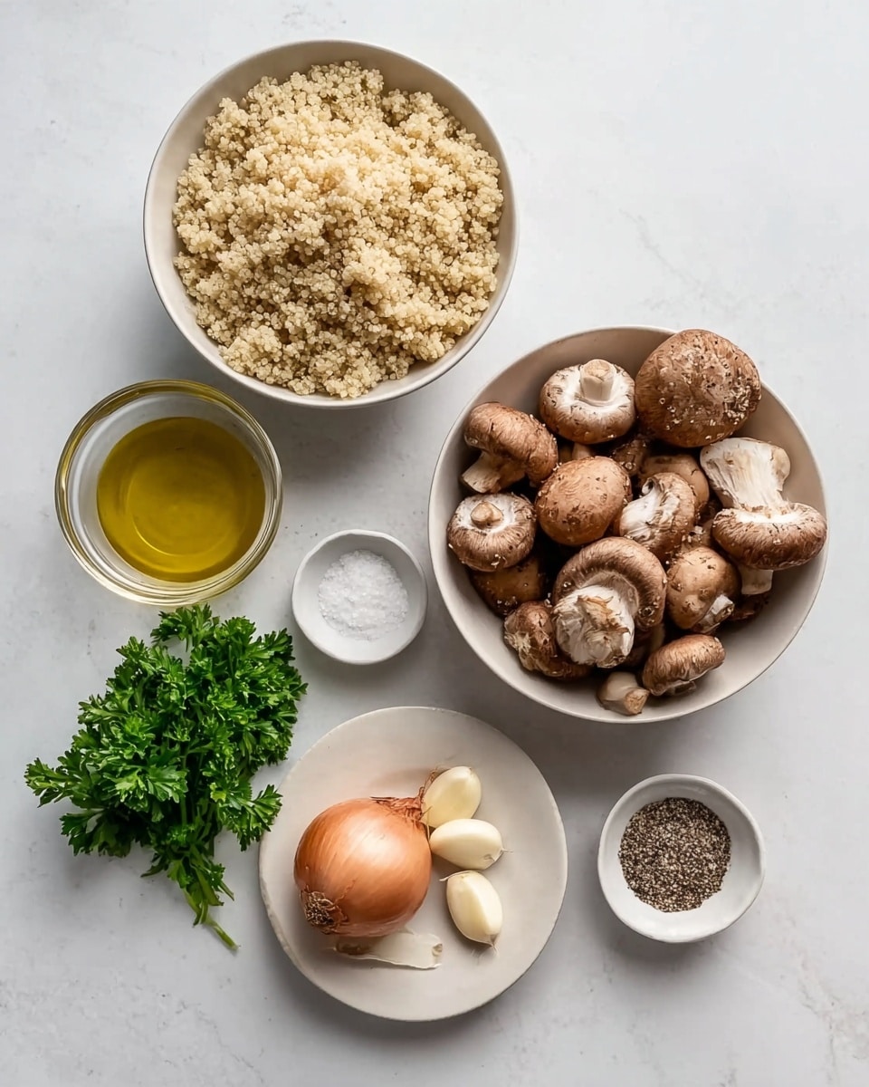 The image shows a top view of ingredients placed neatly on a white marbled surface. There is one white bowl filled with cooked quinoa that has a soft, grainy texture and off-white color. Another white bowl contains a mix of whole mushrooms in shades of light and dark brown with smooth and slightly rough textures. Below these bowls, a small glass bowl with golden olive oil reflects light softly. A small white plate holds three garlic cloves with a smooth, pale surface. Next to these, a light brown shallot with a smooth skin is placed beside a small bunch of fresh green parsley, its leaves vibrant and slightly curly. Finally, a small white bowl contains salt and black pepper, both finely textured. photo taken with an iphone --ar 4:5 --v 7